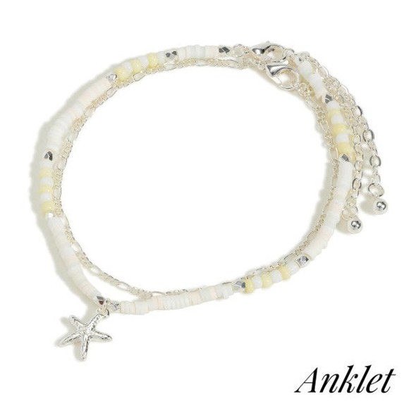 Layered Chain Link and Heishi Beaded Anklet Starfish Charm White Silver - Picture 1 of 3